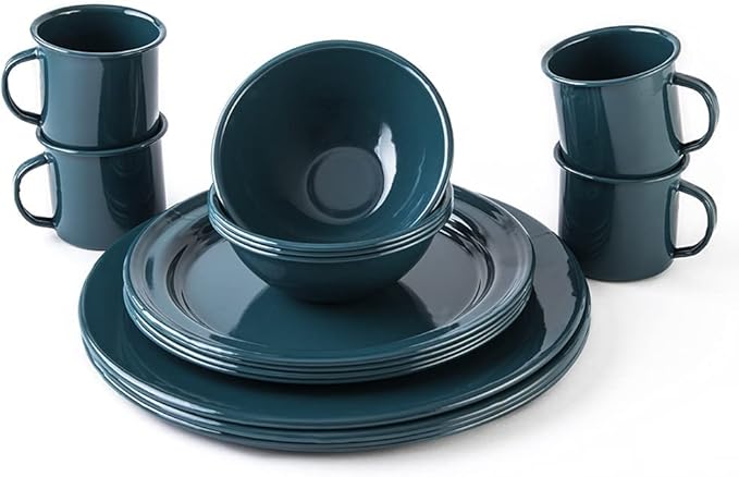 Cinsa 16 Piece. Enameled Dinnerware Camping/Outdoor Set for 4. Includes Plates Bowls Mugs Coffee Boiler