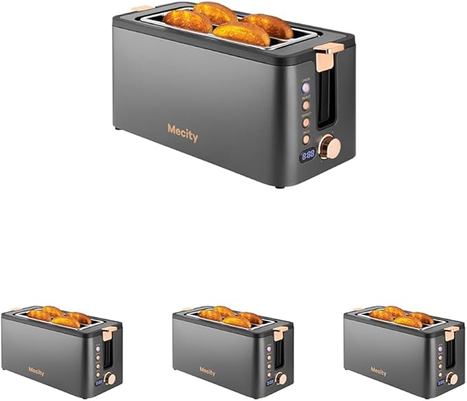 Mecity 4 Slice ToasterLong Slot Toaster With Warming RackTimerBagelDefrostReheat FunctionsCrumb Tray6 Browning SettingsExtra Wide Long SlotsStainless Steel1300WGrey(Pack of 4)