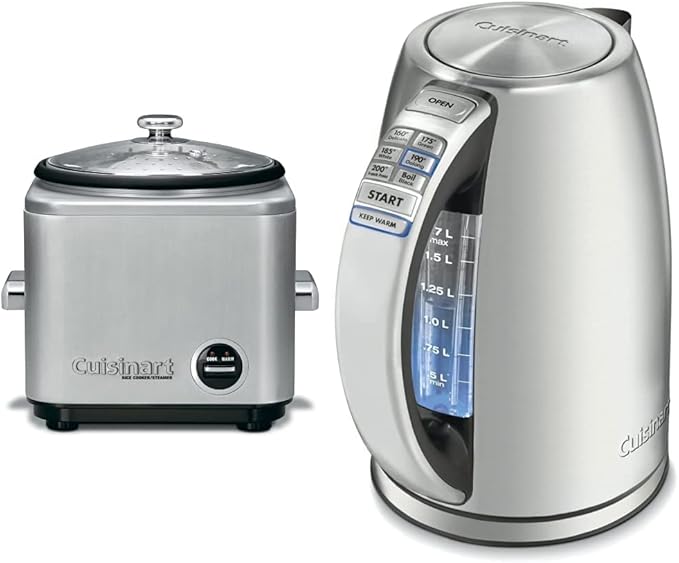 Cuisinart 8-Cup Rice Cooker Silver &amp Electric Kettle 1.7-Liter Capacity Cordless 1500-Watts for Fast Heat Up Stay Cool Non-Slip Handle Stainless Steel CPK-17P1
