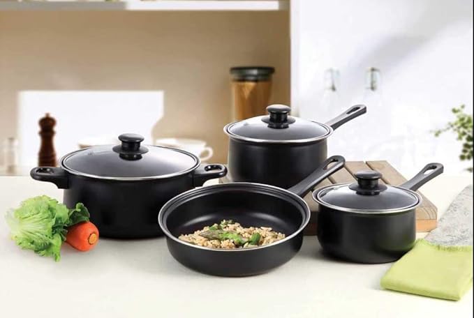 Imperial Home 7 Pc Carbon Steel Nonstick Cookware Set Pots &amp Pans Set Dishwasher Safe Cookware Set Cooking Set Kitchen Essentials (Black)