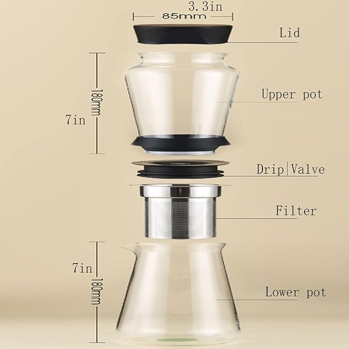 Habiba Iced Drip Coffee Maker Glass Cold Brew Coffee Maker Coffee Maker with Stainless Steel Strainer Home Office Siphon Coffee Maker with Clear Scale Mark Reusable