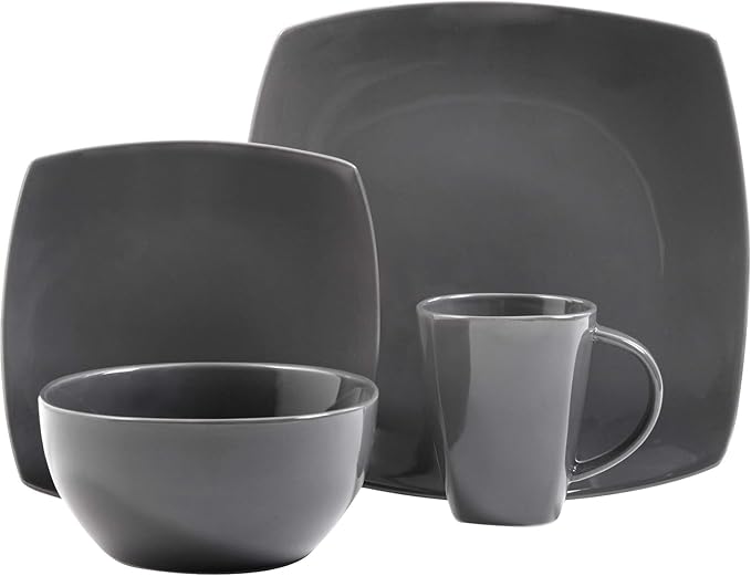 Square Dinnerware Set for 4 – 16-Piece Reactive Glaze Stoneware Dishes in Red Grey &amp White – Modern Microwave &amp Dishwasher Safe Plates Bowls &amp Mugs (Gray)