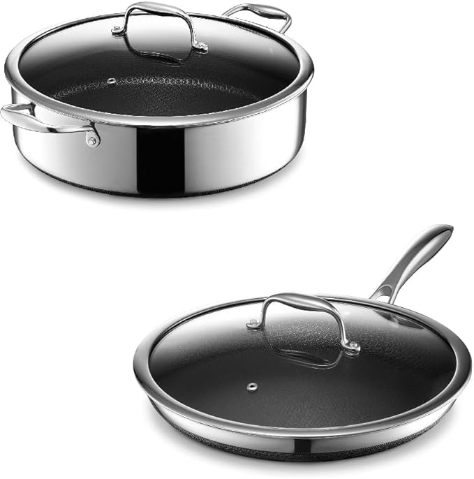 HexClad Hybrid Nonstick 4-Piece Cookware Set 7Qt Chicken Fryer with Lid and 12 Pan with Lid Stay-Cool Handles Dishwasher and Oven-Safe Induction Ready Compatible with All Cooktops