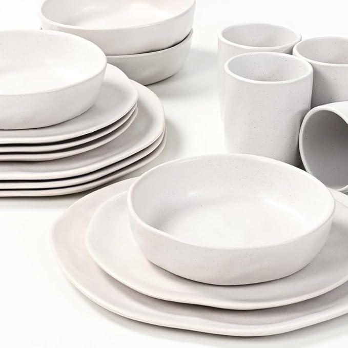 Cabtnca Plates and Bowls Sets for 4 16 Pcs Modern Stoneware Dinnerware Sets Highly Chip Scratch Resistant Microwave &amp Dishwasher Safe Irregular Dish Set for Kitchen Home Speckled White