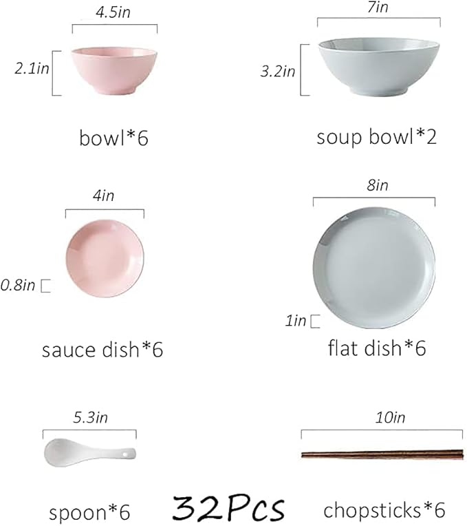 Kitchen Tableware SetCeramics Dinnerware Sets Plates and Bowls Sets 32 Pcs Japanese Style Pasta Dinnerware Dishes Set - Colorful Plates for Restaurant Family Party