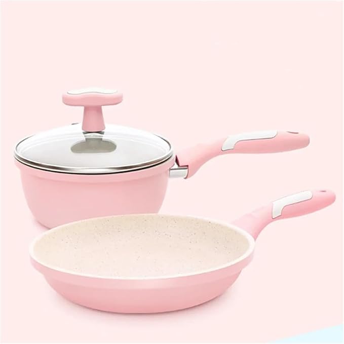 cookware set Stone Kitchen Soup Non-Stick Frying Pan Set Pot Milk With Handle Lid Cookware Cooking Utensils For(Pink frying Pan)