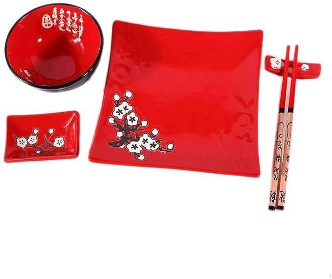 Japanese Dinner Set - 10 Pieces Red Floral Pattern