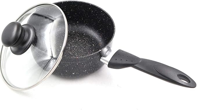 7Pcs Cookware Set Black Granite Fry Pan Souce Pot Milk Pot Glass Cover Non-Stick Induction&ampGas Cooker