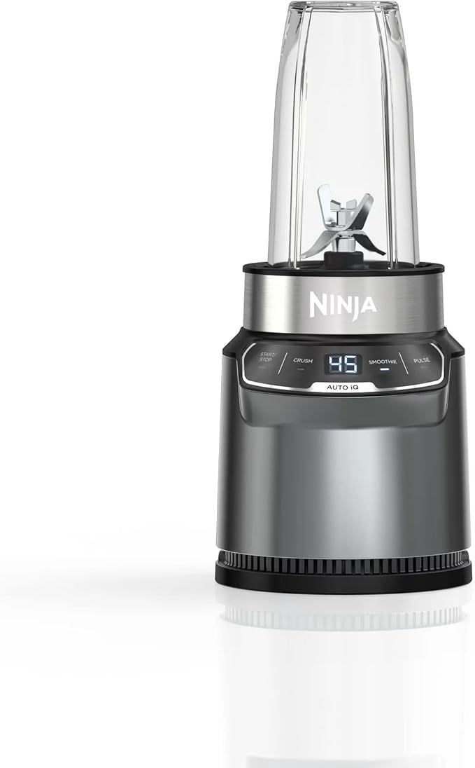 Ninja BN400 Nutri Pro Compact Personal Blender Auto-iQ Technology 1000-Watts for Frozen Drinks Smoothies Sauces &amp More with 18-oz. &amp 24-oz. To-Go Cups &amp Spout Lids Stone Silver (Ren