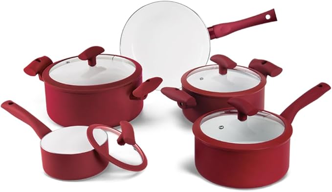 Pots and Pans Set Nonstick Ceramic – 9-Piece Non Stick Frying Pan and Cooking Pot Set – Red Aluminum Pans Ceramic Coating Glass Lids Silicone Handles – Kitchen Cookware Sets by Mundial