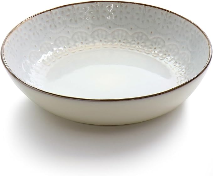 16 Piece Ivory Stoneware Dinnerware Set – Embossed Plates with Scalloped Edges and Double Bowl Design Microwave &amp Dishwasher Safe Elegant Tableware Set for 4