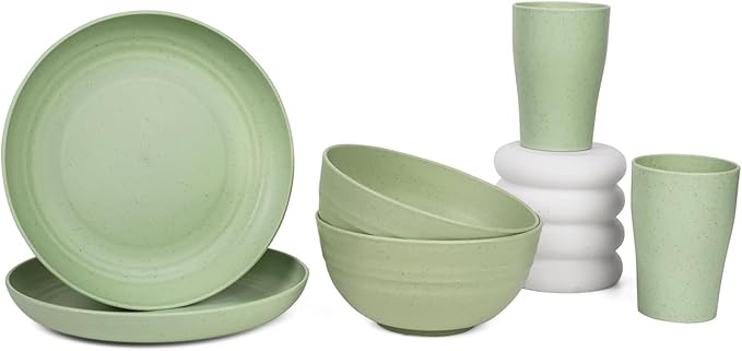 Planet Friendly Dinnerware Set Wheat Straw Lightweight Unbreakable Microwave Safe Mint Green 6 Pieces with Cups Plates and Bowls