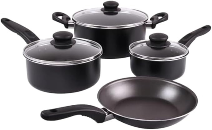 7-piece Non-stick Cooking Set with Covered Aluminum Cookware Complete Set of Pots Pans and Bowls Non-toxic and Healthy Safe for The Oven Heated By Induction Stove Black Set
