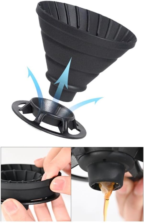 Portable Pour Over Coffee Maker Set with Carrying Case Collapsible Silicone Dripper 304 Stainless Steel Filter Cup V60 Compatible Black Outdoor Camping Travel Kit (Black with Cone Filter)