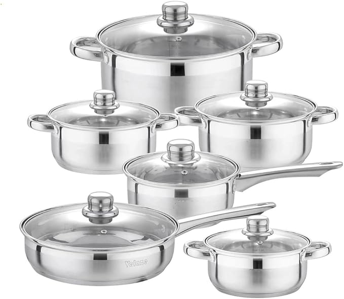 Cookware Set 12-Piece Kitchen Stainless Steel Cooking Pot &amp Pan SetsInduction SafeSaucepanCasserolepan with Glass Lid