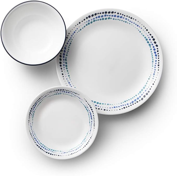 Corelle Vitrelle 18-Piece Service for 6 Dinnerware Set Triple Layer Glass and Chip Resistant Lightweight Round Plates and Bowls Set Ocean Blue