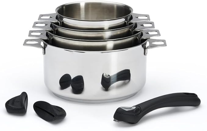 DE BUYER 3491.04 Twisty Set of 4 Pans Ø 14/16/18/20 cm with 1 Black Handle and 2 Black Silicone Knobs