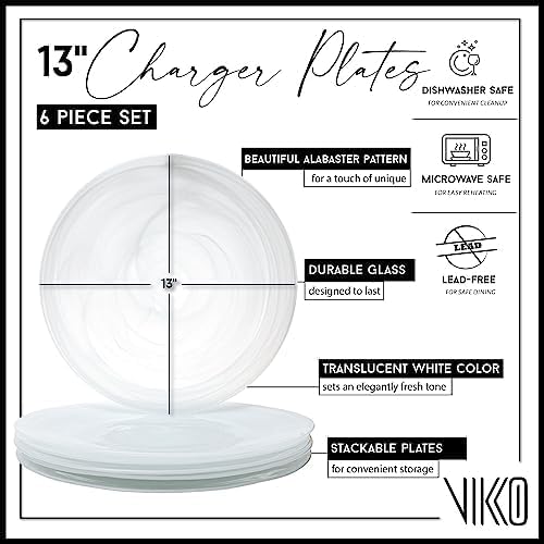 Vikko Charger Plates Set of 6 White Alabaster Dinner Plates 13 Plate with Marbelized Swirl Design Elegant Glass Charger Dishwasher Safe