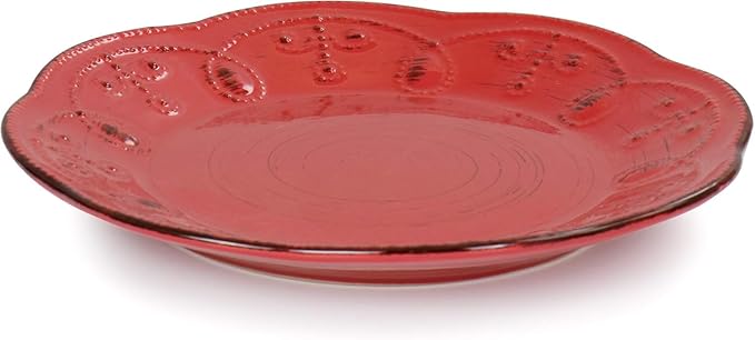 16 Piece Stoneware Dinnerware Set – Rustic Birch Embossed Plates and Bowls Dishwasher &amp Microwave Safe Dinner Set for 4 Elegant Scalloped Edges and Wood-Inspired Design (Red)