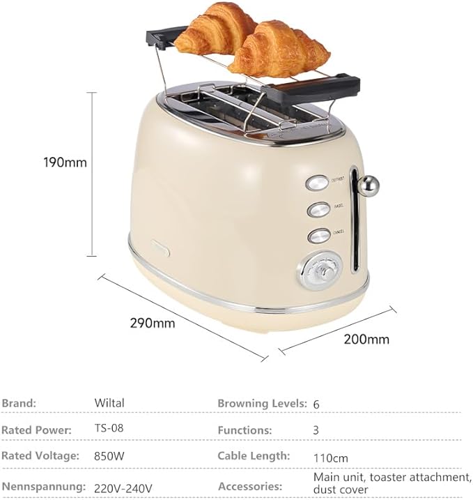 Toaster Retro 2 Slice Vintage White Toaster with Lid with Bread Attachment Preheat Defrost And Cancel Functions 6 Browning Levels (Beige)