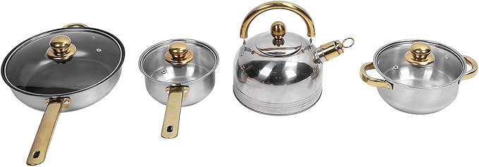 Premium Stainless Steel Cookware Set Rustproof and Stick Proof Safe for Home Kitchen and Restaurant Use (Gold Handle with Kettle)