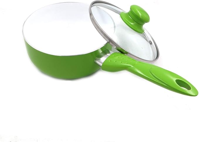 White Ceramic Coating Red Cookware Set Soup Pot and Frying Pan Milk Pot and Glass Lid Total 7PCS Non-Stick Pan (Green Variety Pack)