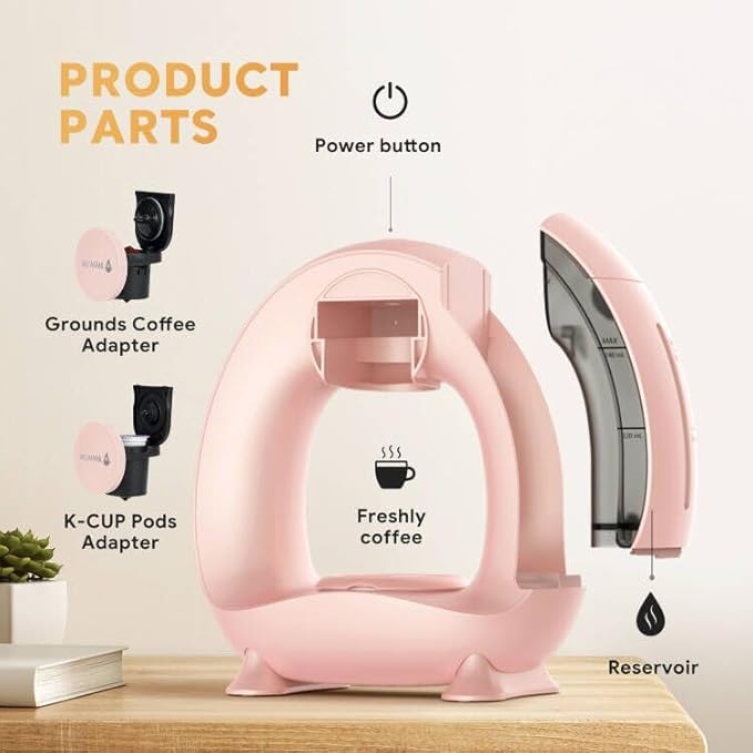 Single Serve Coffee Maker For K Cup Pod and Coffee Grounds /Tea Fast Brew in 2 minutes 2 IN 1 One Button Coffee Machine 4-8 Oz Brew Sizes Stylish＆Compact For Home Office RV and Dorm Pink