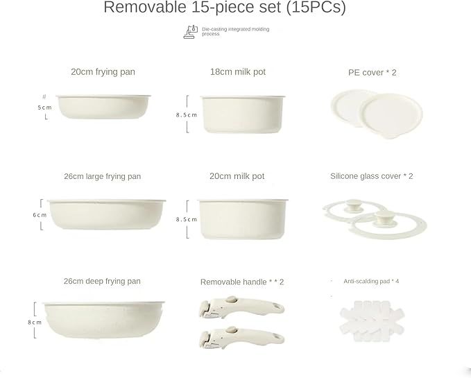15Pcs Cookware Set Nonstick Pots And Pans Set with Detachable Handle RV Camping Kitchen Oven Safe Suitable for All Stoves PFAS PFOA &amp PTFE Free