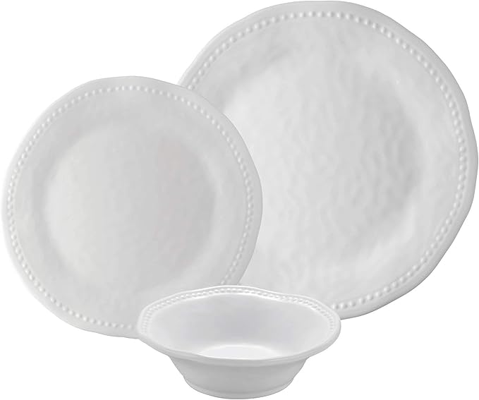 UPware 12 Piece Pebble Melamine Dinnerware Sets Outdoor Dishes Set Plates and Bowls Sets Service for 4 White