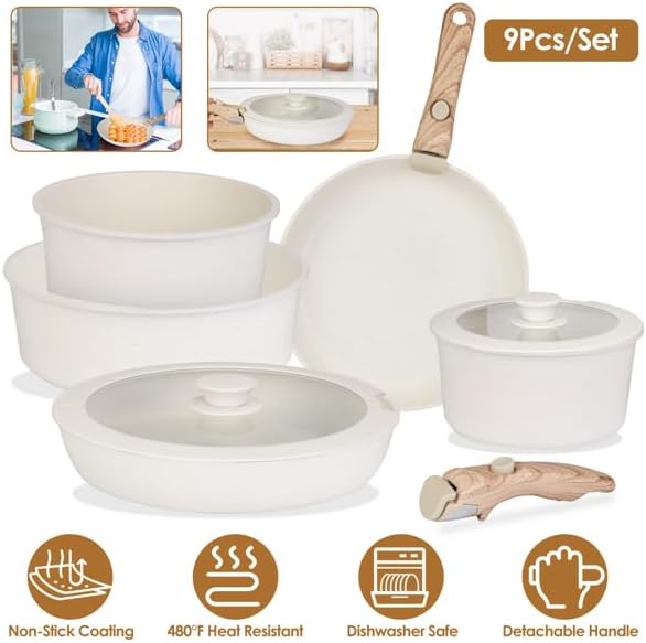 9Pcs Nonstick Cookware Set Kitchen Pots and Pans Set With Detachable Handles Tempered Glass Lids Dishwasher Oven Safe Aluminum Alloy Kitchen Cookware Set