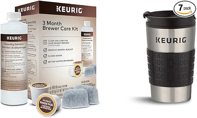 Keurig 3-Month Brewer Maintenance Kit 7 Count &amp Travel Mug Fits K-Cup Pod Coffee Maker 1 Count (Pack of 1) Stainless Steel