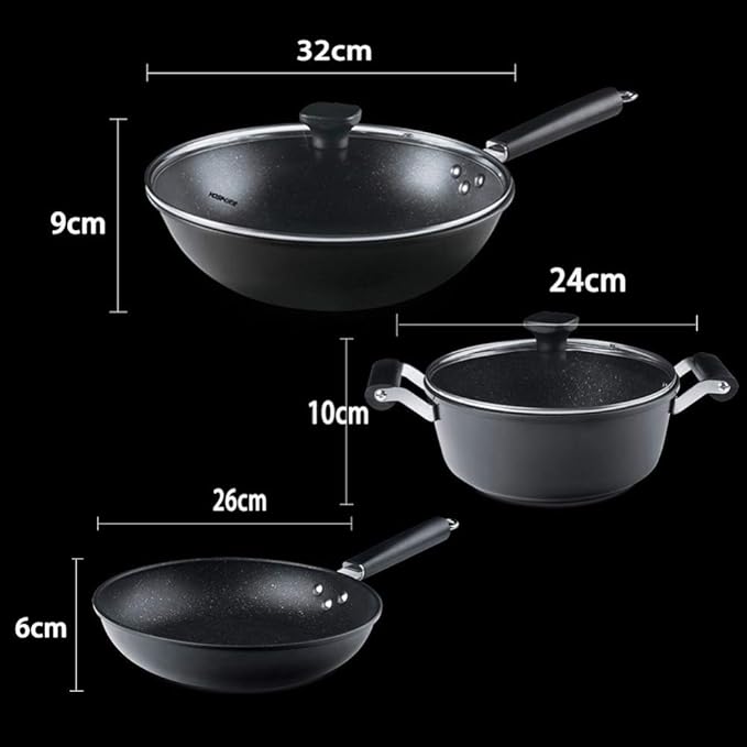 Saucepans and Frypans Set of 3–Non-Stick Tempered Glass Cover-Sturdy HandleUniversal Gas Induction CookerEasy to Clean Black Cookware Set
