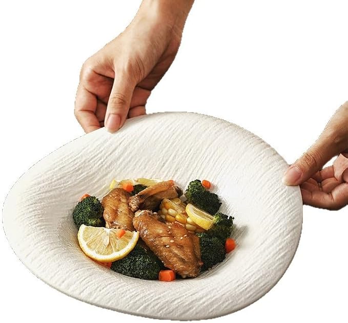 Ceramic Dinnerware Set Stone Textured Cloud and Snowflake Design Irregular Shape White Includes Plates and Bowls for Salads Desserts Pasta (White 10 inches)