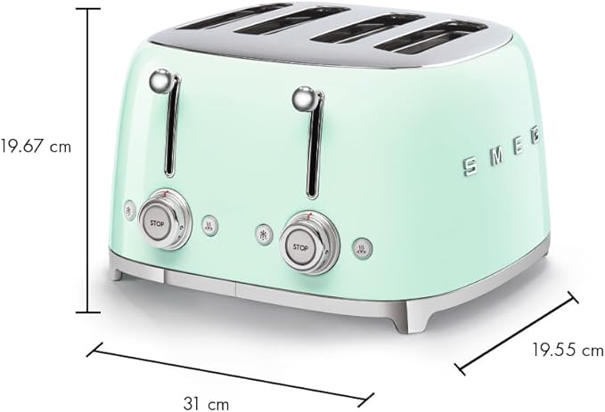 Smeg 50's Style Retro Aesthetic 4 Slice Toaster 6 Presets Extra Wide Slots Pastel Green TSF03PGUS