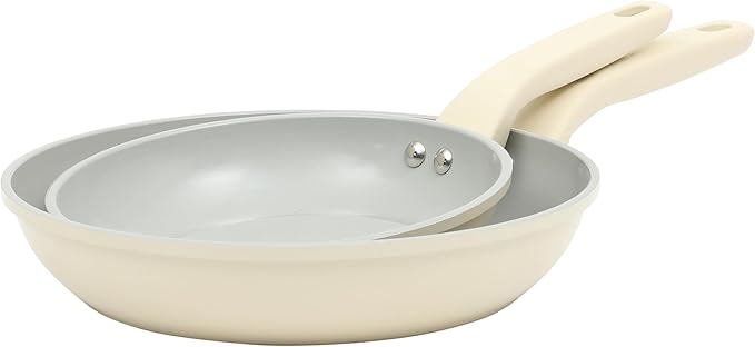 Gibson Home Barnsdall 2 Piece 8 &amp 10 Inch Aluminum Fry Pan Cookware Non-Toxic Ceramic Non Stick Frying Pan Kitchen Egg Pan Omelet Pan Always Pan Pots and Pans Linen White Induction Safe