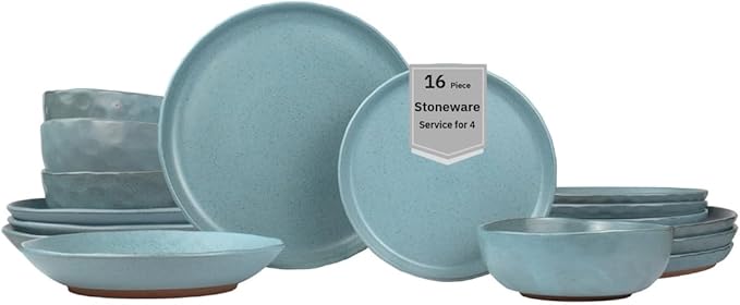 Sango 16-Piece Stoneware Dinnerware Set for 4 Semi-Matte Teal Plates and Bowls Sets with Rustic Speckled Glaze Ceramic Dish Set Elegant Boho Farmhouse Dishes Microwave &amp Dishwasher Safe Kaya