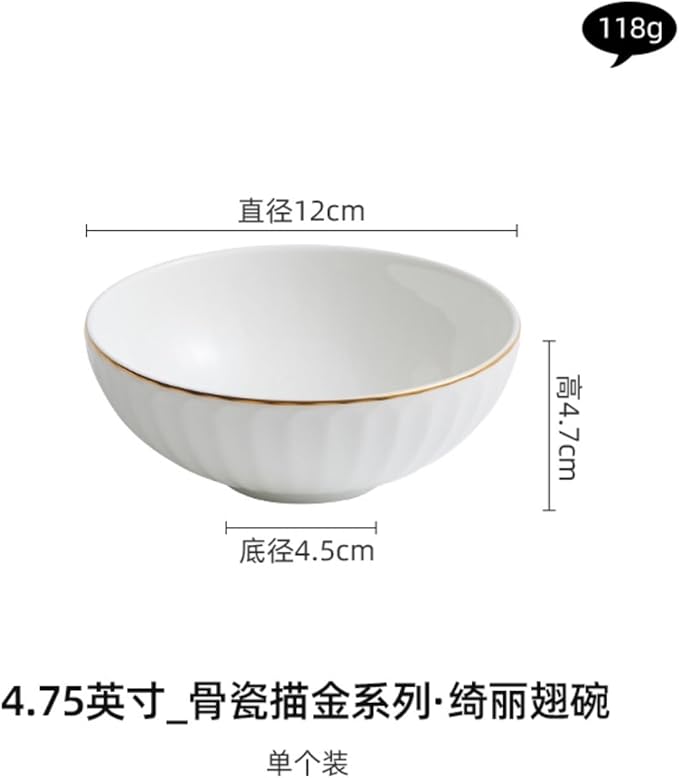 Thcbme 骨瓷餐具描金米饭碗家用高级感轻奢吃饭碗面碗小汤碗个人/birthday plates Lounge Round Reactive Glaze Stoneware Dinnerware Set/4.75英寸_骨瓷描金·绮丽翅碗
