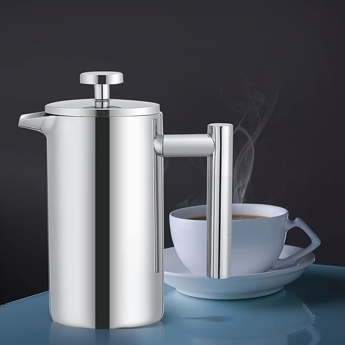Double Walled Stainless Steel French Press Coffee Maker 12 oz Tea and Espresso Press with Filter Silver