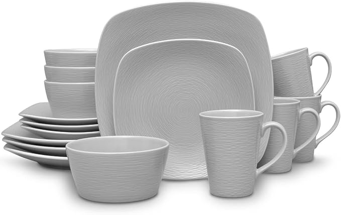 Noritake Colorscapes Grey-on-Grey Swirl 16-Piece Square Dinnerware Set Service for 4