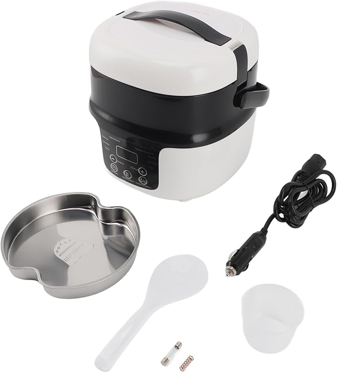 Mini Rice Cooker Electric 2L Nonstick Pot 7 Stage Heat Control 12V 24V for Car Use - Slow Cooking Technology Safe Operation Ideal for Travel and Camping