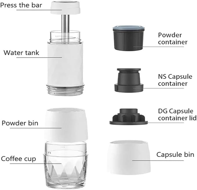 3 In1 Hot/Cold Portable Coffee Machine Manual Espresso Maker For Capsule &amp Ground Hand Press Brewer Home Office Travel(Bianco) (Bianco)