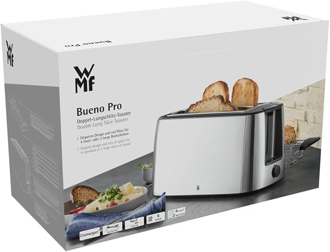 WMF Bueno Pro Toaster Langschlitz mit Brötchenaufsatz 4 Scheiben XXL Toast Aufknusper-Funktion 6 Bräunungsstufen 1550W Toaster edelstahl matt