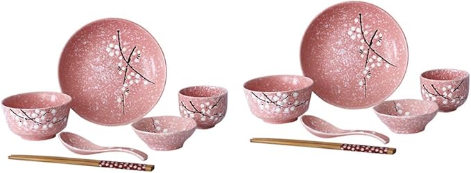 Happyyami 12-Piece Japanese Ceramic Dinnerware Set Home Tableware Creative Cutlery Kit Pink Dishwasher Safe for Single Users for Everyday Use