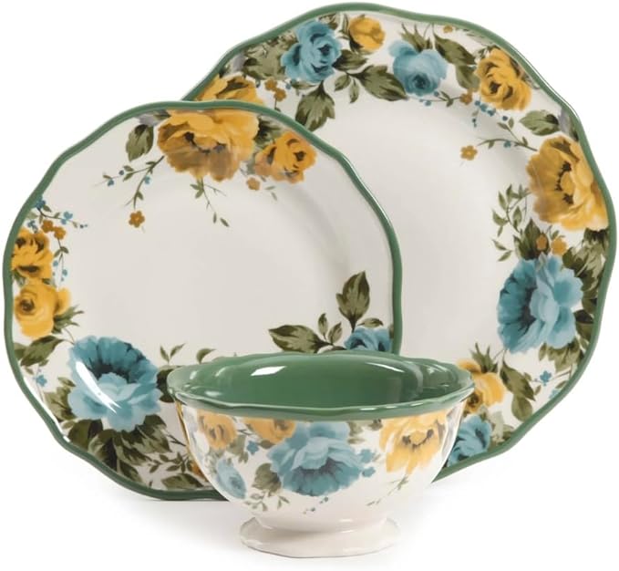 Rose Shadow 12-Piece Floral Ceramic Dinnerware Set – Service for 4 – Scalloped Edge Plates &amp Bowls – Microwave &amp Dishwasher Safe. Blue &amp Yellow Floral Country Design