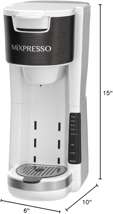 Mixpresso White Single Serve Coffee Brewer K-Cup Pods Compatible &amp Ground 30 oz Compact Coffee Maker Single Serve With 5 Brew Sizes Up To 14 Oz Fits Travel Mug Adjustable Drip Tray
