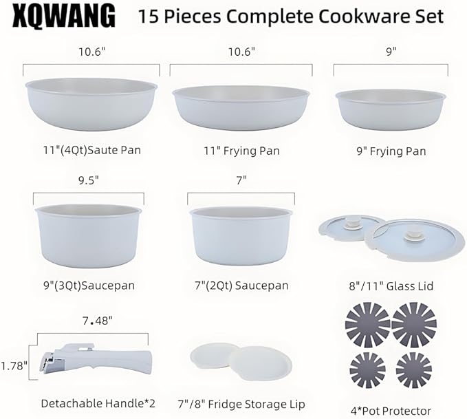 Cookware Set 15Piece Gourmetific Cookware Detachable Handle Set Nonstick Maifan Cookwares Sets Stackables Non-Stick Ceramic Coating PFOA FreeOven Safe
