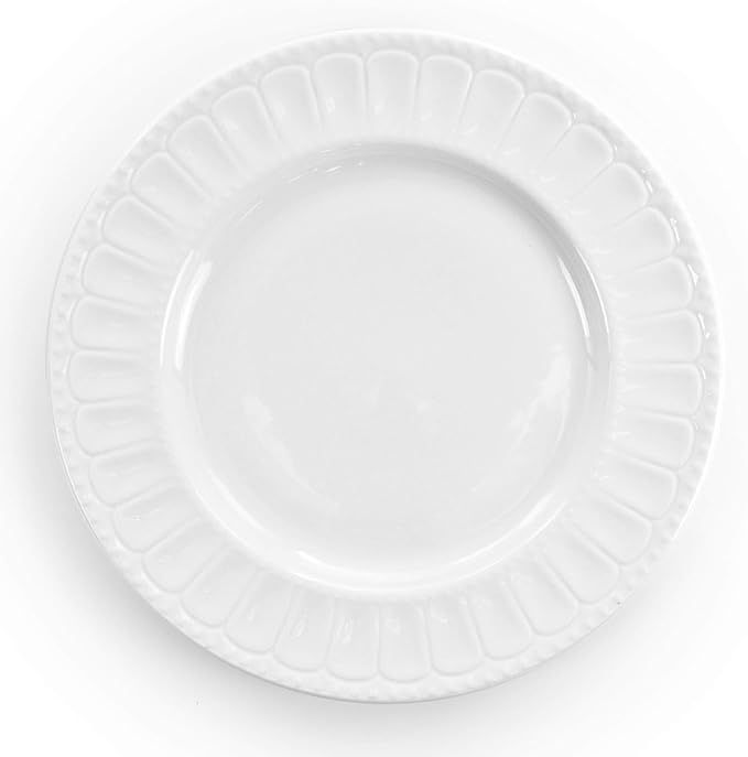 20 Piece White Porcelain Dinnerware Set with Mugs and Saucers – Embossed Arched Design Service for 4 Microwave &amp Dishwasher Safe