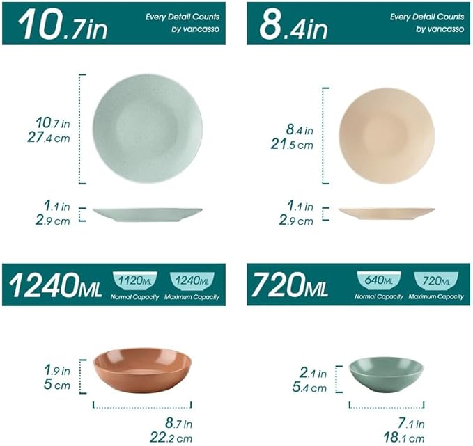 16 Piece Stoneware Tableware Set with Dinner Dessert Soup Plate Bowl Service for 4 person