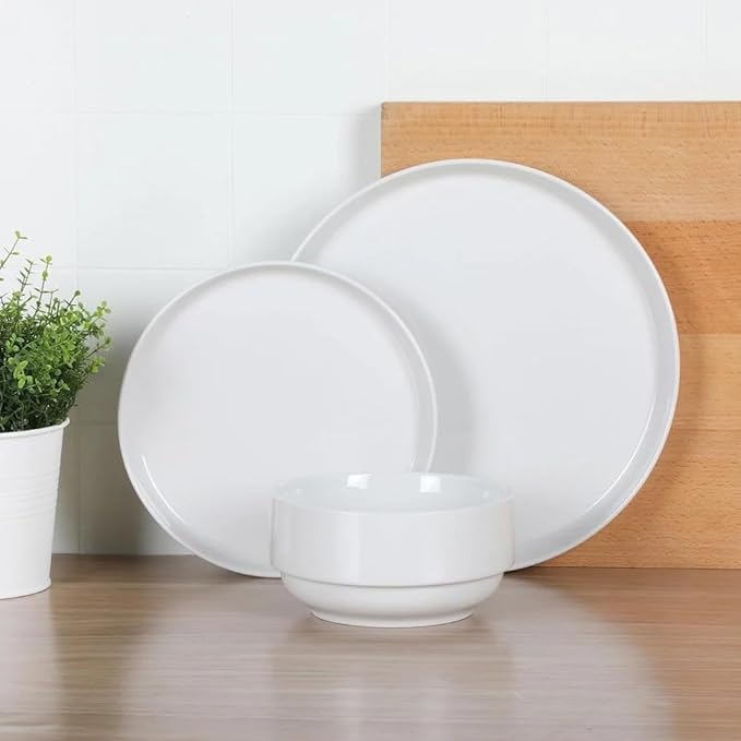 12-Piece Stackable Fine Ceramic Dinnerware Set in White – Dishwasher &amp Microwave Safe Everyday Tableware for Family Meals
