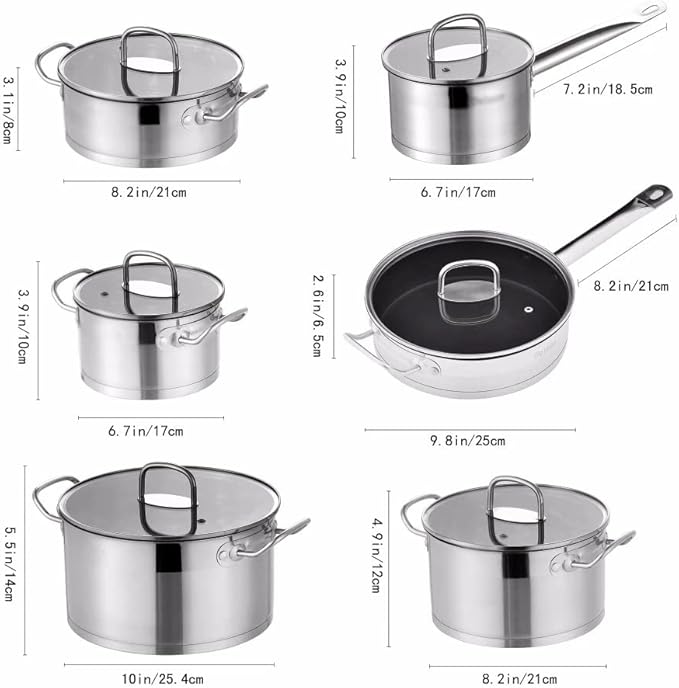 Cooking Pot Frying PanCookware Set 12 Piece Stainless Steel Kitchen Cooking Pot&ampPan Sets Induction Saucepan Casserole with Tempered Glass Lid